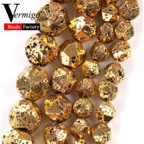 6/8/10mm Natural Faceted Gold Plated Hematite Lava Stone Beads Round Beads for Jewelry Making Diy Bracelets Necklace Accessories