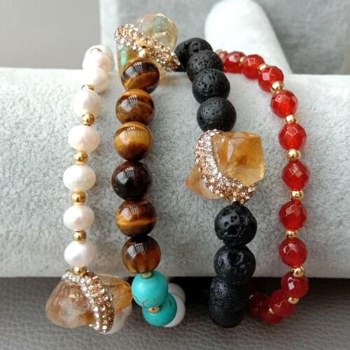 8'' round White freshwater Pearl Porcelain Tigers Eye carnelian statement Bracelet handmade ethnic style party for women