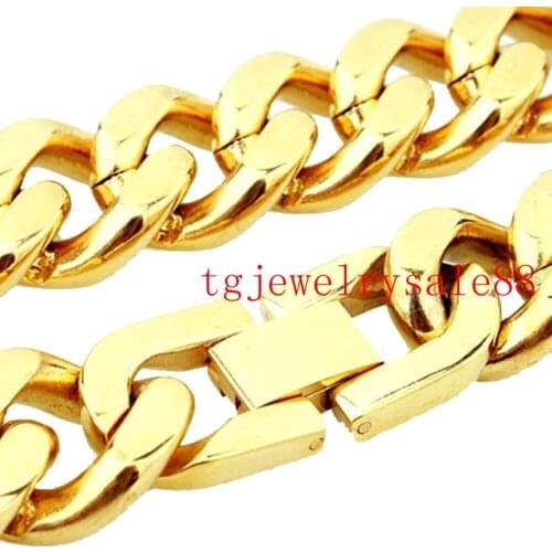 New Fashion Gold Color Stainless Steel Curb Cuban Link Chain Bracelet Or Necklace Biker Men Trendy Jewelry 15mm Wide 7-40"