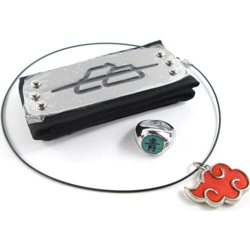 Brdwn Akatsuki Itachi Konoha Pain Deidara Hidan Orochimaru Cosplay Headband Red Cloud Necklace Ring 3Pcs/Set