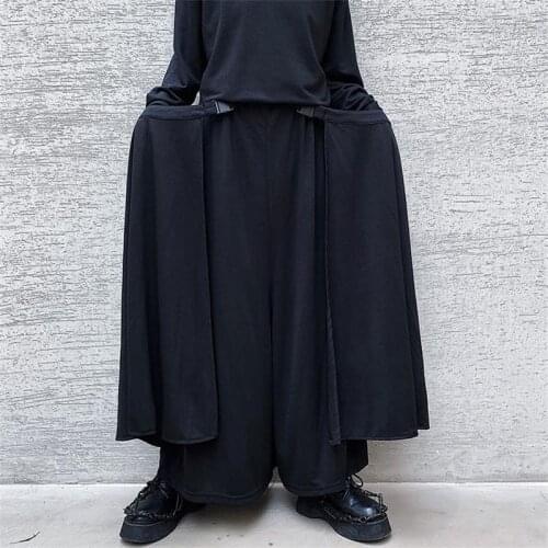 Trousers for men chunqiu loose bell-bottom culottes for men Casual trousers false two wide-leg trousers black large