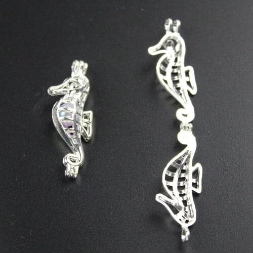 Sea Horse Essential Oil Diffuser for Charms Pearl Cage diy Jewelry Locket Peandant Alloy Silver44*12*10mm 1pcs Mixed Wholesale
