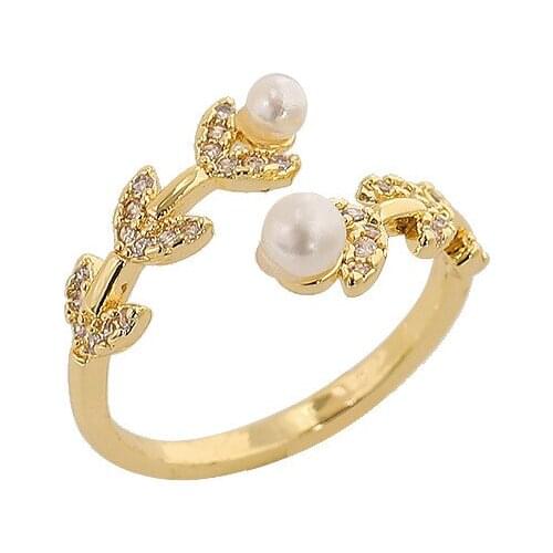 Japan And South Korea Leaf Simulation Pearl Design Cool Wind Personality Opening Ring Index Finger Ring Wholesale