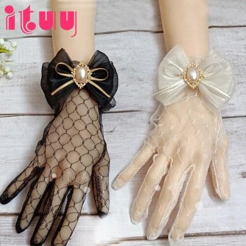 Handmade Lolita Lace Gloves Japanese Sweet Girl Tea Party Wedding Bride Gorgeous Summer Bow Pearl Lace Gloves Mittens Accessory