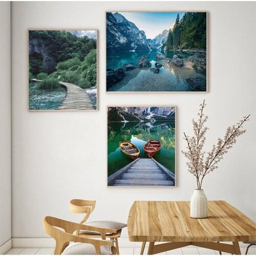 Boat Wall Art Picture Painting Modern Living Room Decor Scandinavian Nature Landscape Poster Nordic Style Print Mountain Lake