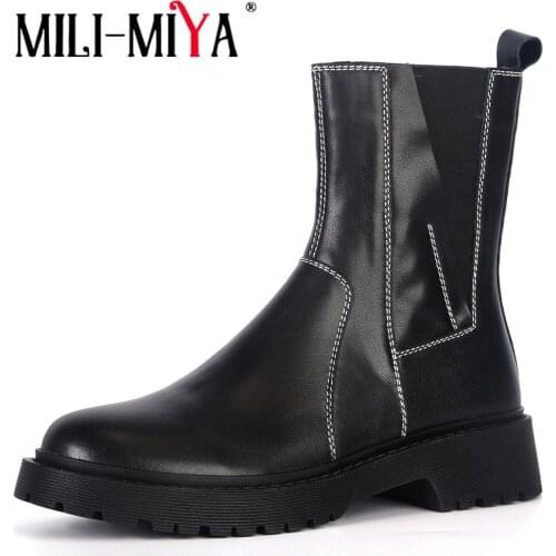 MILI-MIYA Fashion Top Quality Leather Slip On Chelsea Ankle Boots Pointed Toe Square Heel Casual Classic Retro Style Party Shoes