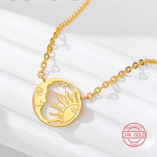 Trendy Sun And Moon Pendants Necklaces For Women Men Choker Stainless Steel Retro Gold Chain Charm Modern Bijoux Femme Jewelry