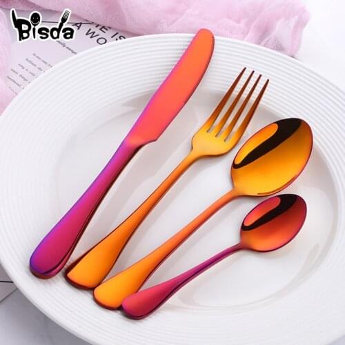 4PCS Gold Cutlery Set 18/8 Stainless Steel Blue Dinner Set Rose Gold Cutleries Blue Tableware set Dinner Knife Dinner Fork