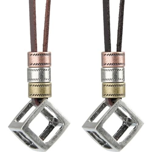 Men Women Retro Charms Hollow Cube Rope Chain Long Leather Choker Necklace collares Shellhard Simple Rock Unisex Lover Jewelry