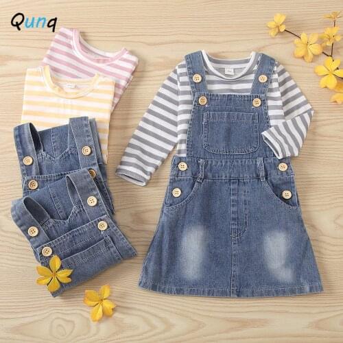 Qunq Toddler Girls Clothing Set Long Sleeve Striped Shirts Denim Suspender Dress Children Suits 2021 Spring Casual Kids Clothes