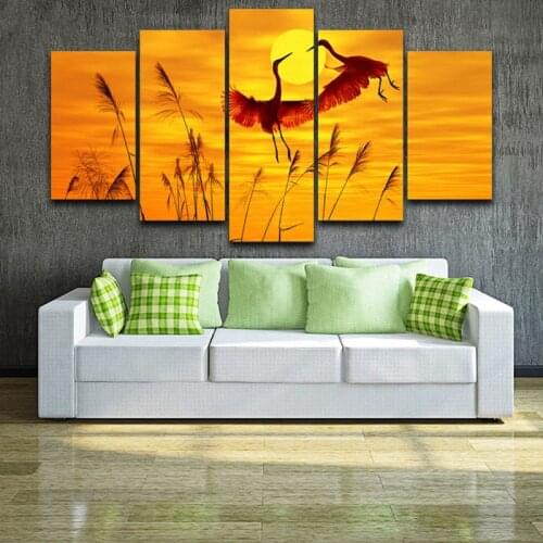 Framed Pictures Frame For Living Room Modern Decor Style Printed Poster 5 Panels Animal Cranes Flamingo Canvas Wall Art