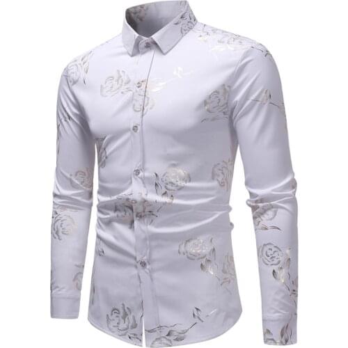 Mens Luxury Rose Floral Shirt 2020 Brand Shiny Flowered Printed Mens Button Down Dress Shirts Business Casual Chemise Homme xxl