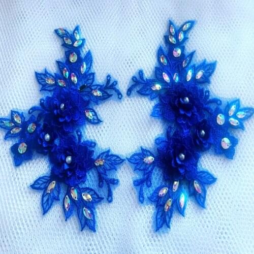 Hand made crystal sequins 18*14cm sew on Rhinestones royalblue ace applique for dress accessories 2pair/lot
