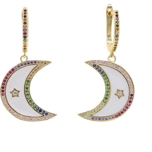 White enamel colorful cubic zirconia cz crescent moon charm drop dangle earring Gold trendy women jewelry Christmas gift