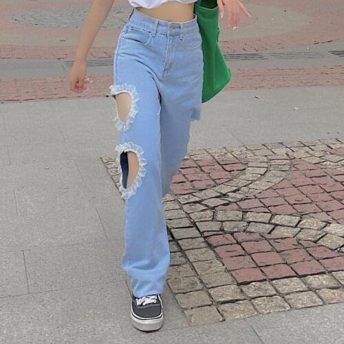 Shnsophi Korean Straight Jeans Women Trousers 2021 Autumn New Y2k Lace Love Hole Loose High Waist Femme Light Blue Denim Pants