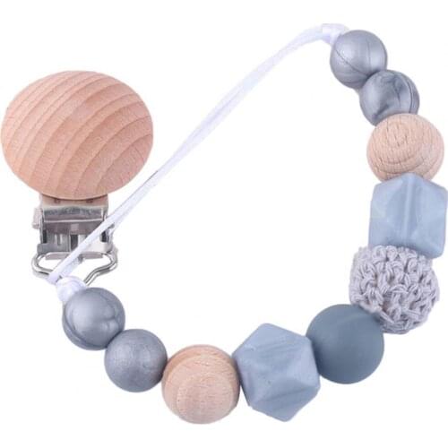 US Warehouse Lovely Beads Silicone Wood Baby Infant Teether Toy Pacifier Clip Chain Holder Pacifier Chain Holder Baby Shower Gif