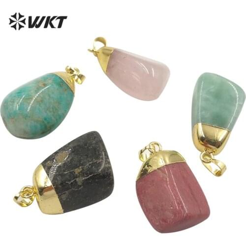 WT-P1522 Hot sale Natural stone pendant multi color gem stone pendant random shape with gold Electroplated clasp vintage pendant