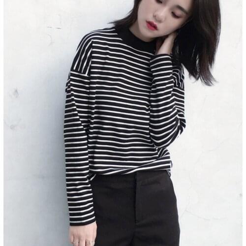 2020 Autumn Women T Shirt Fashion Clothing Lady O Neck T-Shirt Causal Black White Strip Long Sleeve Top For Female