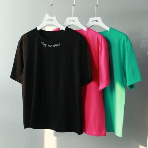 Toppies 2021 Summer Letter Embroidered T-shirts Rose Cotton Tops Tees Woman Basic Short Sleeve T-shirts