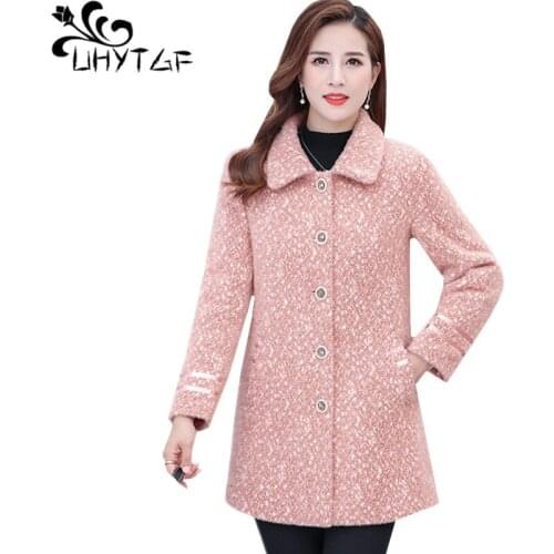 UHYTGF Quality Mink Fleece Winter Woolen Jacket Pure Color Wild Elegant Women Plus Size Tops Long Sleeves Thick Casual Coat 1848