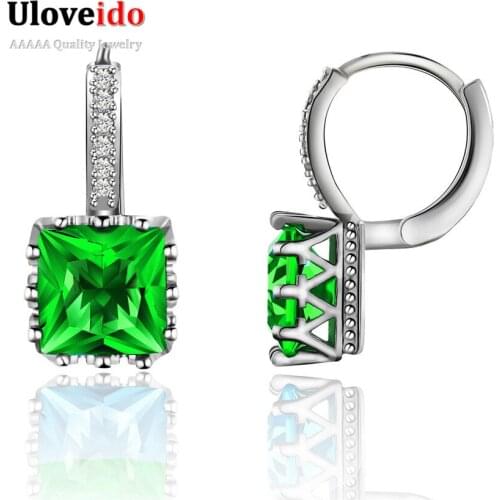 Uloveido 4 Colors Geometric Crystal Silver Color Stud Earrings for Women Gifts Fashion Brincos Earring with Green Stones BME169