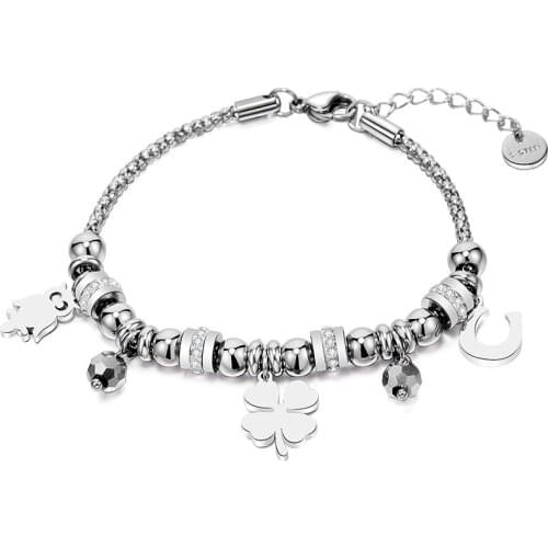 Stainless Steel Four Clover Letter U Owl Charms Bracelet For Women Color Crystal Beads Bracelet Friendship Gift Fashion Jewelry