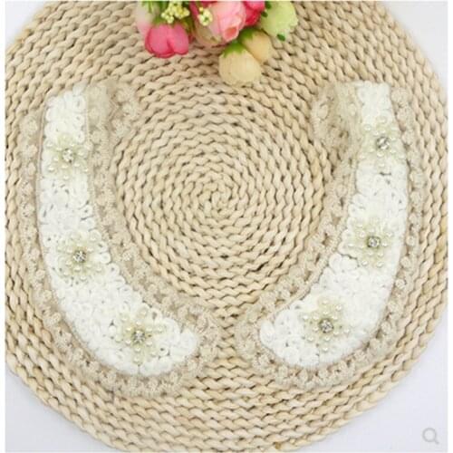 1PCS Sell White Lace Collar Pearl Rhinestone Neckline Lace Applique Neckline Applique Trim Beaded Lace Fabric Sewing On Supplies