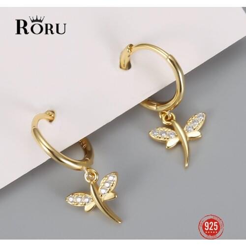100% 925 Sterling Silver Hoop Earrings Mini AAA Shiny Zircon Earrings for Women Cute Butterfly Gold Circle Earrings