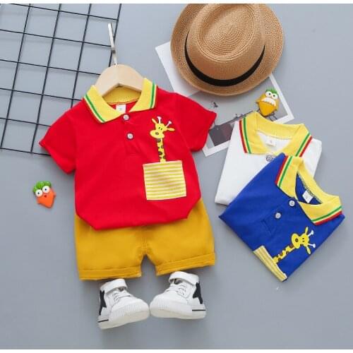 2021 childrens cartoon suit boy Polo Shirt Shorts 2-piece girls striped dress casual Top + pants 0.1.2.3.4