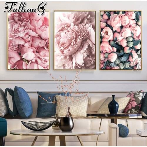 FULLCANG 5d diy diamond embroidery sale Pink flowers diamond painting triptych full square round drill home decoration FC3352