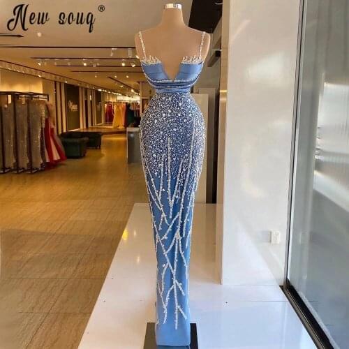 Arabic Light Blue Sexy Spaghetti Strap Mermaid Evening Dresses Beads Robe De Soiree Prom Gowns Birthday Party Wear
