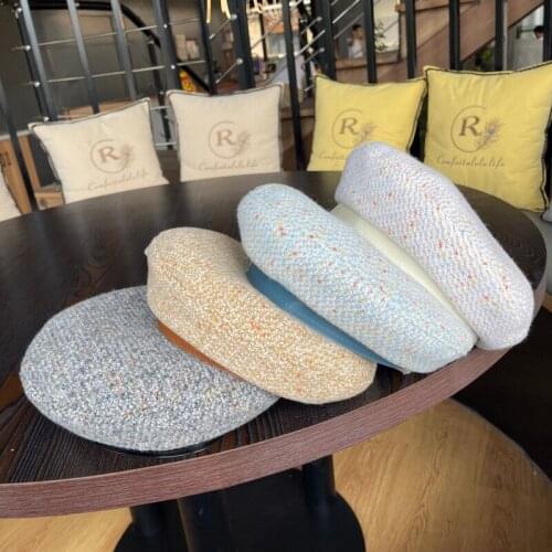 Colour Tweed Pu Brim Beret Hats For Women Camouflage Leisure British Vintage Flat Top Painter Hat Korean Fashion Bonnet Enfant