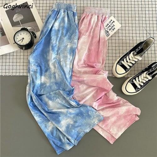 Casual Pants Women Harajuku Elastic Waist Trendy BF Style Teens Street Wear Ins Ankle-Length Trouser Baggy Wide-leg Tie Dye 2021
