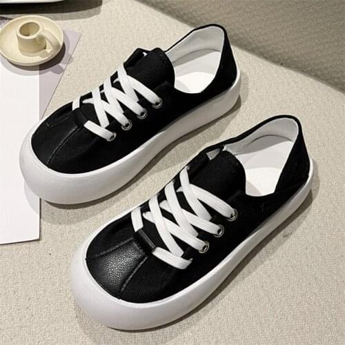 Canvas Shoes Platform Sneakers Woman Flats Casuales Lace Up Black White Pink Shoes Chunky Sneakers Comfy Girls School Shoes