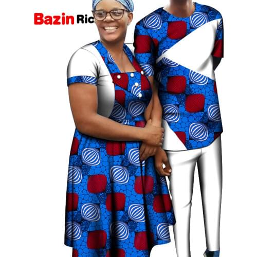 Summer African Couple Clothing Plus Size Party Wear Women Cover Knee Pleated Dress and Men T Shirt Patch Trouser Pant Set WYQ788