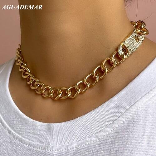 Minimalist Crystal Rhinestone Buckle Chunky Metal Choker Necklace For Women Gold Silver Curb Cuban Link Chain Collar Jewely 2021