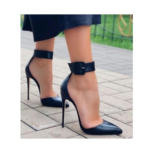 Moraima Snc Pointed Toe High Heel Shoes Woman Black Leather Ankle Strap Thin Heels Sandal Cutouts Party Dress Shoes