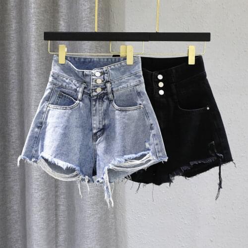 Motorcycle Shorts New Three Button Hole Large Size Super High Waist A-line Wide Leg Denim Shorts Female Raw Edge Hot Pants