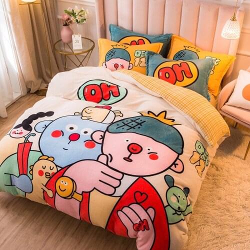 Cartoon world pineapple kid soft coral velvet warm and comfortable velvet home textile quilt cover four-piece set