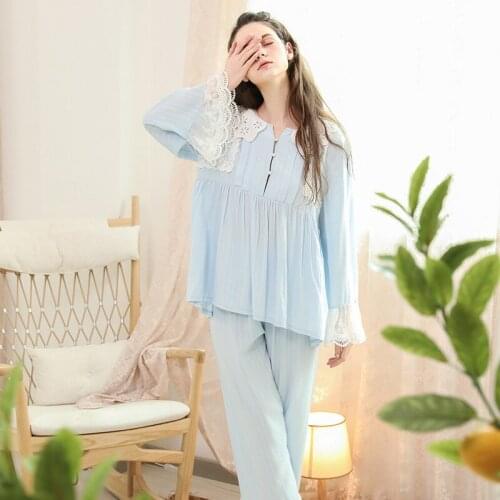 Pajamas Women Autumn And Winter Sweet Lotus Leaf Edge Lace Cotton Leisure Lovely Homewear Korean Style Palace Sleepwear Пижам