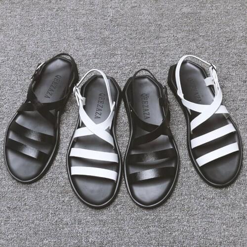 Mens Sandals Leather Men Summer Shoes 2019 Flat Beach Sandals Male Black White Shoes