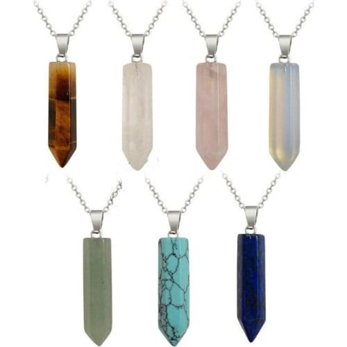 Hexagonal Chakra Crystal Bullet Shape Pendant Pointed Quartz Stone Chain Necklaces Genuine Stone Necklace
