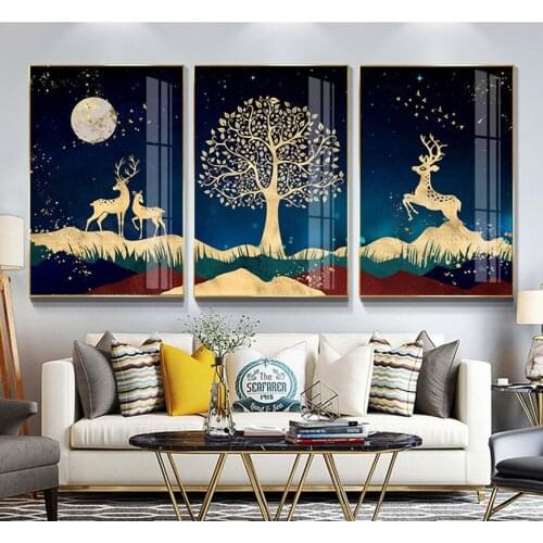 Modern Abstract porch Living Room Decorative Pictures Golden plutus tree elk bird sun canvas Wall Art Poster Unframed Paintings