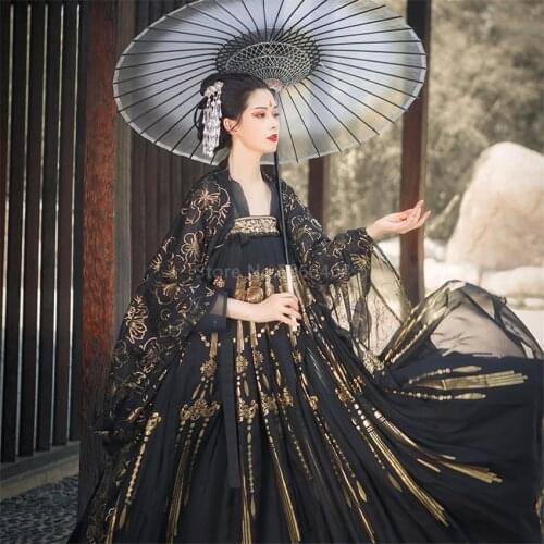 Women Dress Hanfu Oriental Dance Costumes Chinese Traditional Ancient Black Gothic Floral Skirt Stage Performance Girls Outfits
