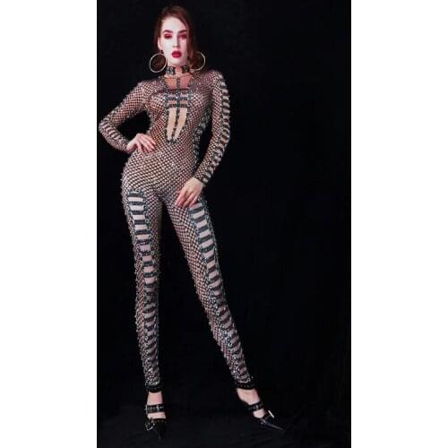 Nightclub Party Celebration DJ Singer Stage Clothes Pole Dance Bodysuit Women Elastic Rhinestone Jumpsuit Skinny Crystal Catsuit