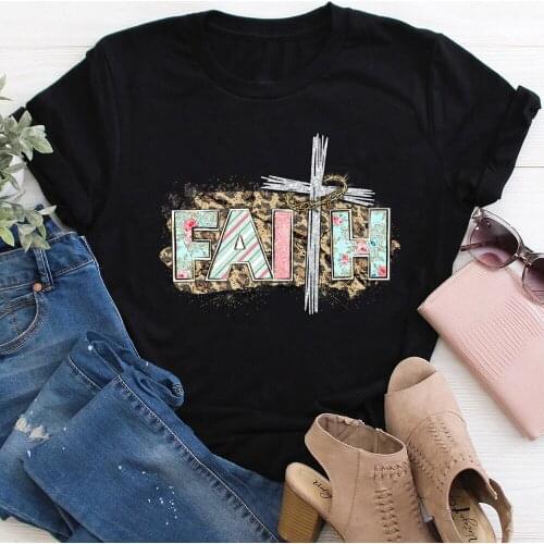 Faith Cross Leopard Printed 100%Cotton Women T-shirt Jesus O-Neck Pullovers Short Sleeve Top Christian Shirt Religious Faith Tee