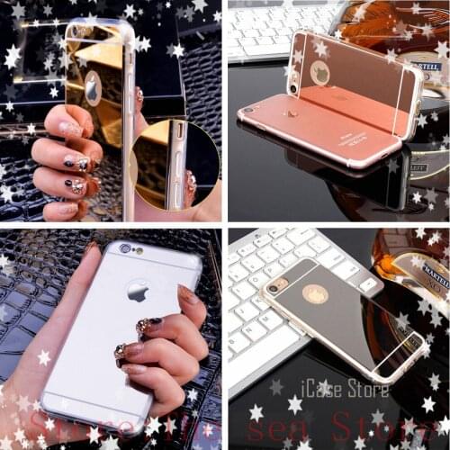 Tempered glass + phone case For iphone 4 4S 5 5S SE 6 6S 7 plus case clear silicone edge+shinny mirror back cover smartphone
