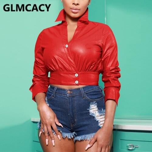 Women Long Sleeve PU Leather Crop Top