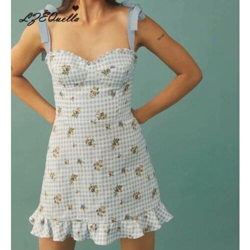 LZEQuella Summer Slash Neck Sexy Floral Print Mini Boho Strap Dress Women Ruffled Party Dresses Femme Backless A-Line Vestidos