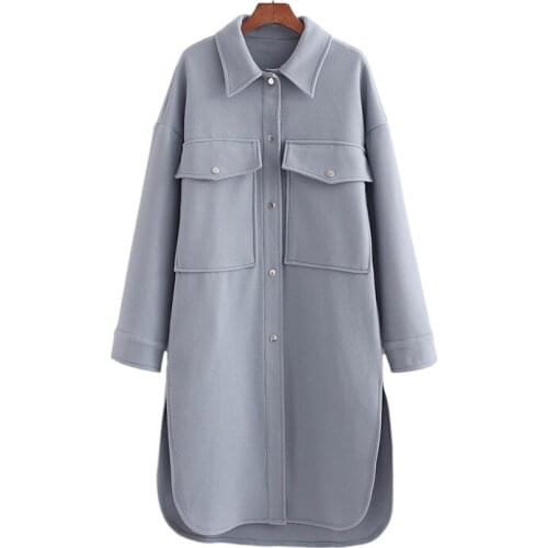 ZXQJ Elegant Women Grey Blue Woolen Overcoat Fad Vogue Ladies Pocket Long Coats Streetwear Female Chic Turn Down Collar Coat